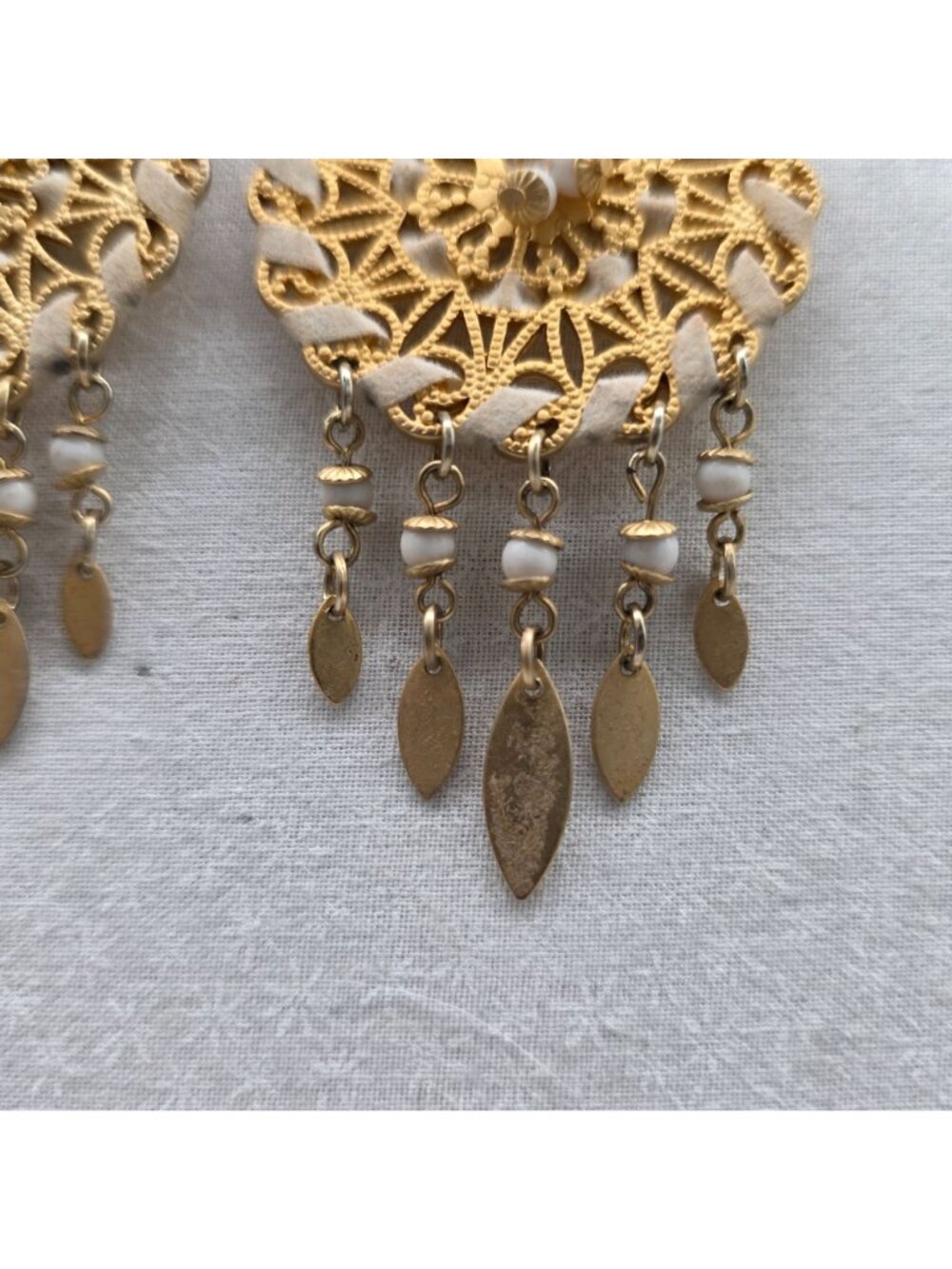 Boho Gold Dreamcatcher Dangle Earrings With Intricate Lace Design & Beads - Picture 4 of 6